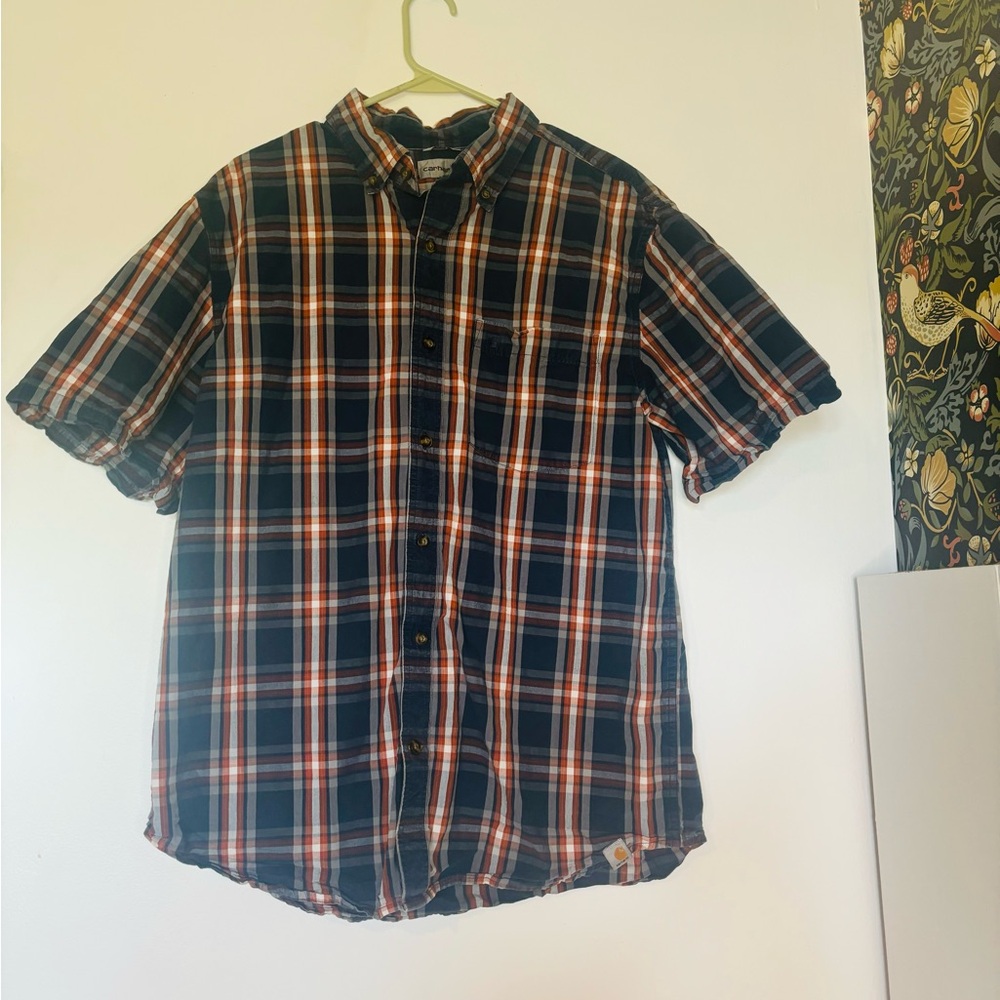 Carhartt men’s button down plaid relaxed fit short sleeve sz L orange navy